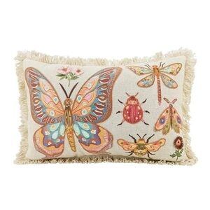🆕 Embroidered Floral Butterfly and Insect Accent Pillow - Multicolor